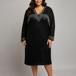 Vintage Brilliante by J.A. Black 100% Silk Beaded Sequin Midi Dress Size 4X